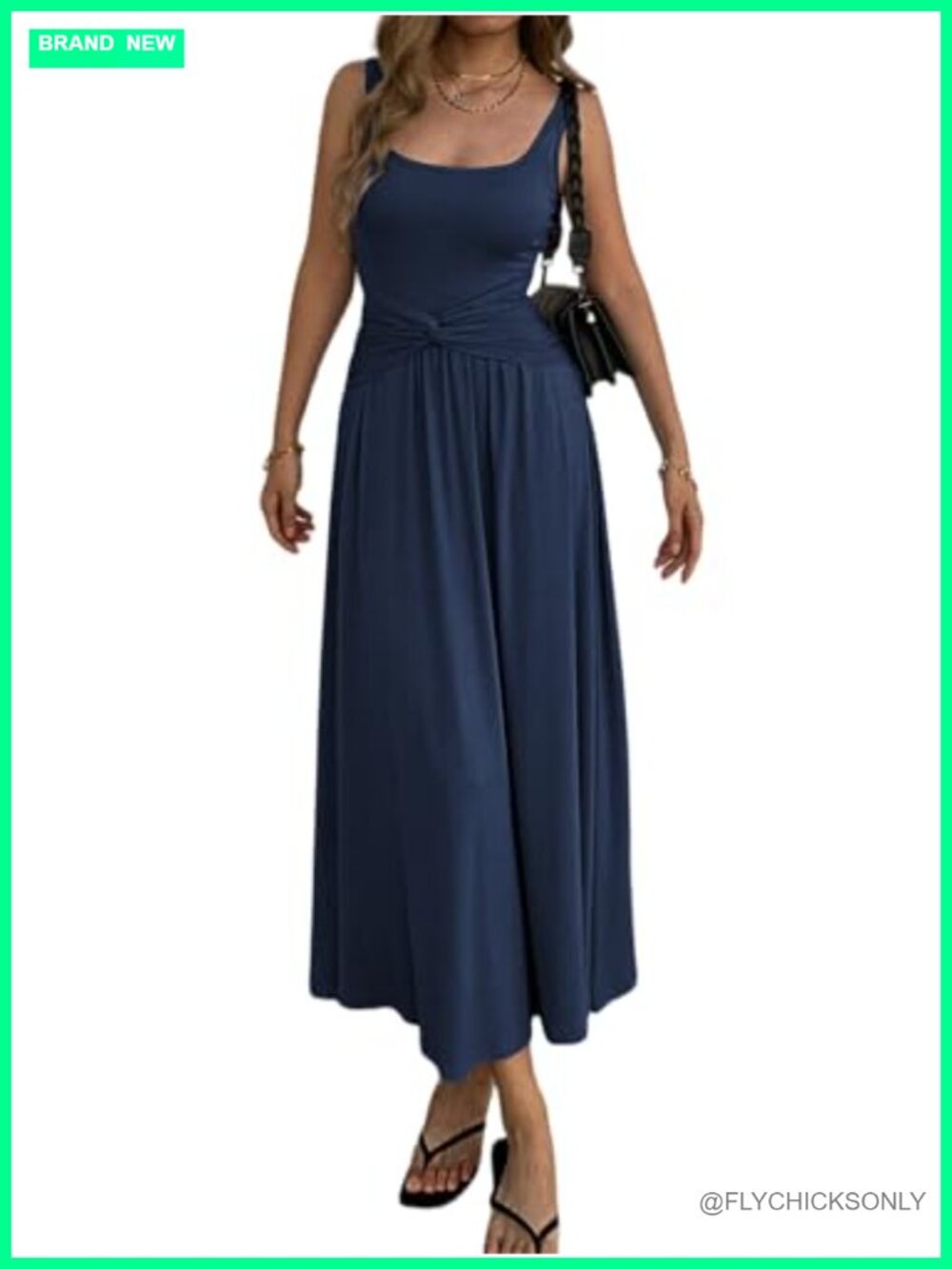 Womens Summer Mock Knot Front Maxi Dress Sleeveless Square Neck Ruched Waist